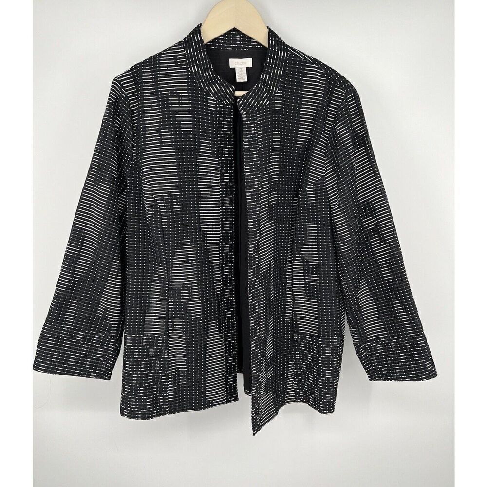 Chicos Size 3 XL 16 Textured Black White Abstract Jacket Blazer